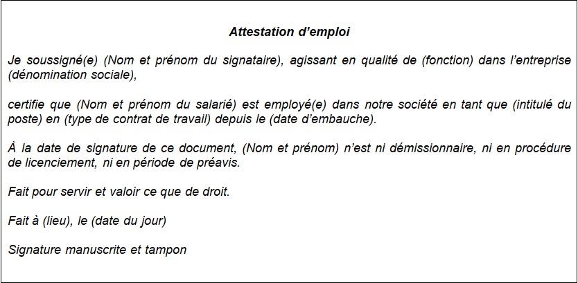 Exemple d'attestation d'emploi
